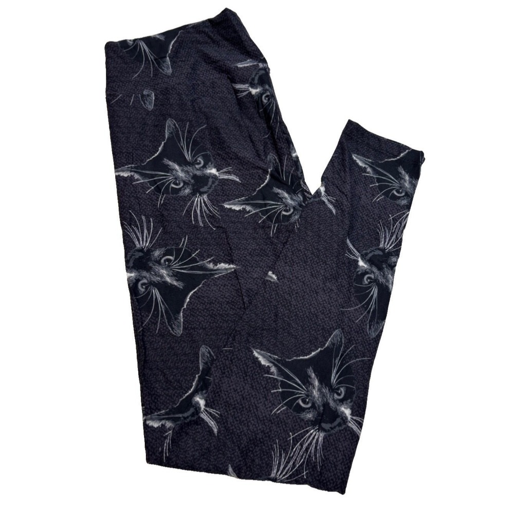 LuLaRoe Womens Leggings Size TC Black White Cats Faces Kitten Tall And Curvy NWT